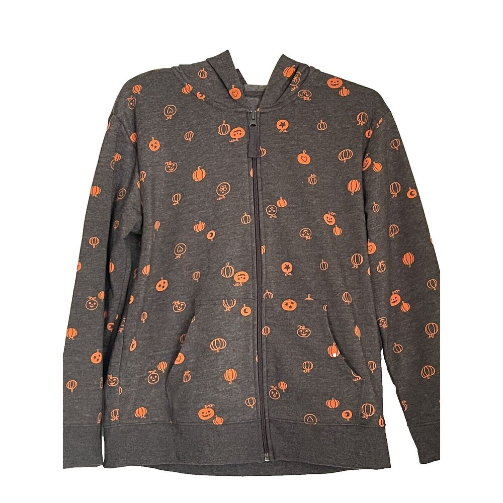 Cat & Jack Girls Zip Up Fleece Hoodie Jacket Dark Grey Pumpkin Print XL